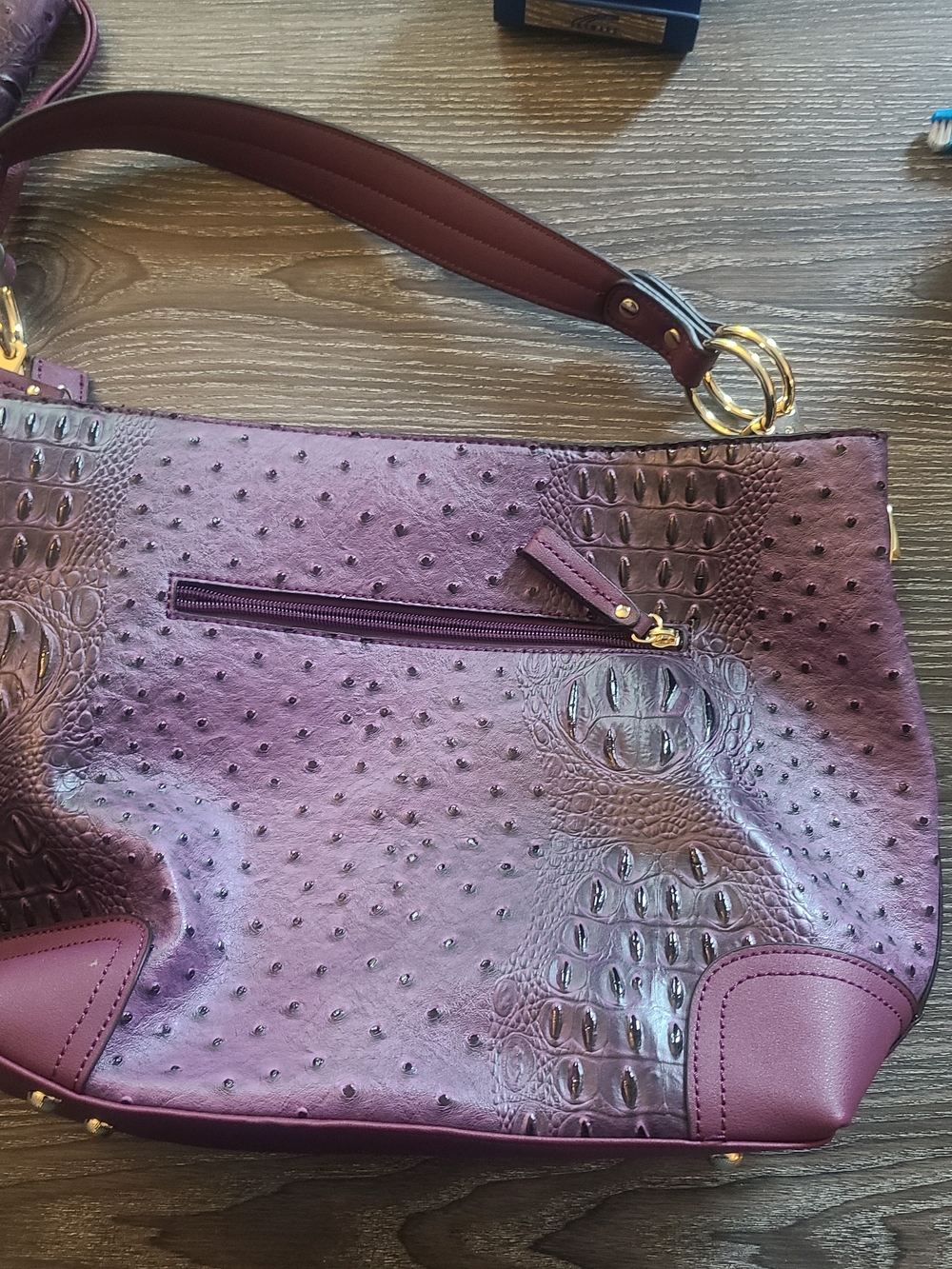 Purple Ostrich-Texture Shoulder Bag with Matching Wallet - Picture 3 of 5